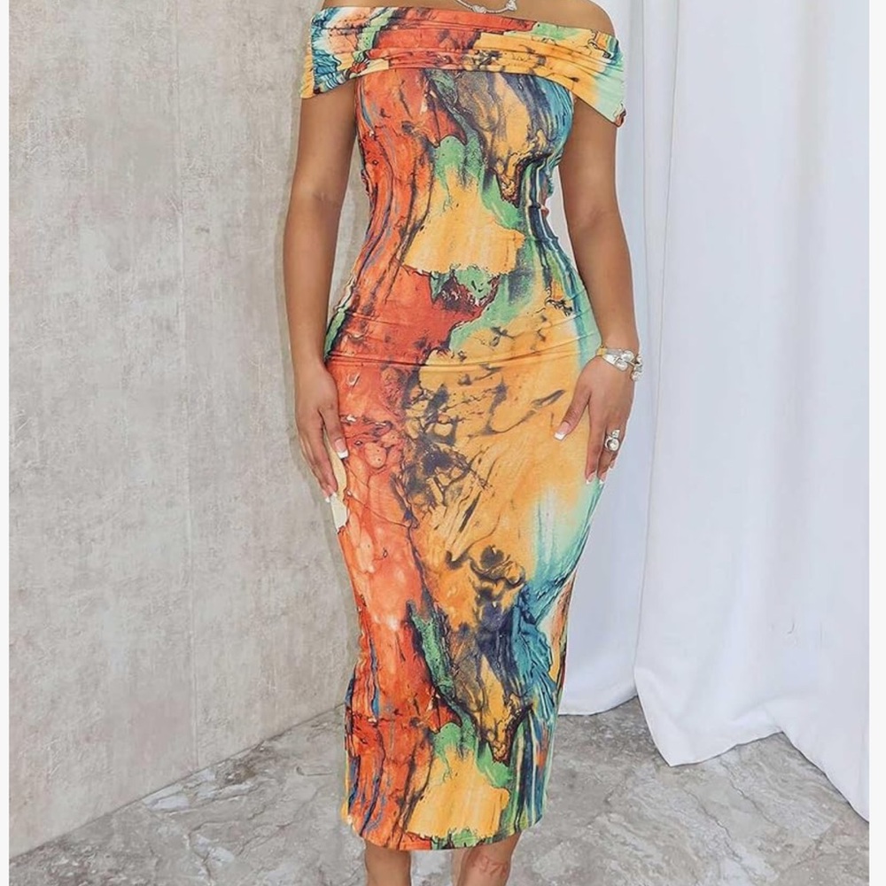 Off the Shoulder Tie dye Fitted Above Ankle Dress